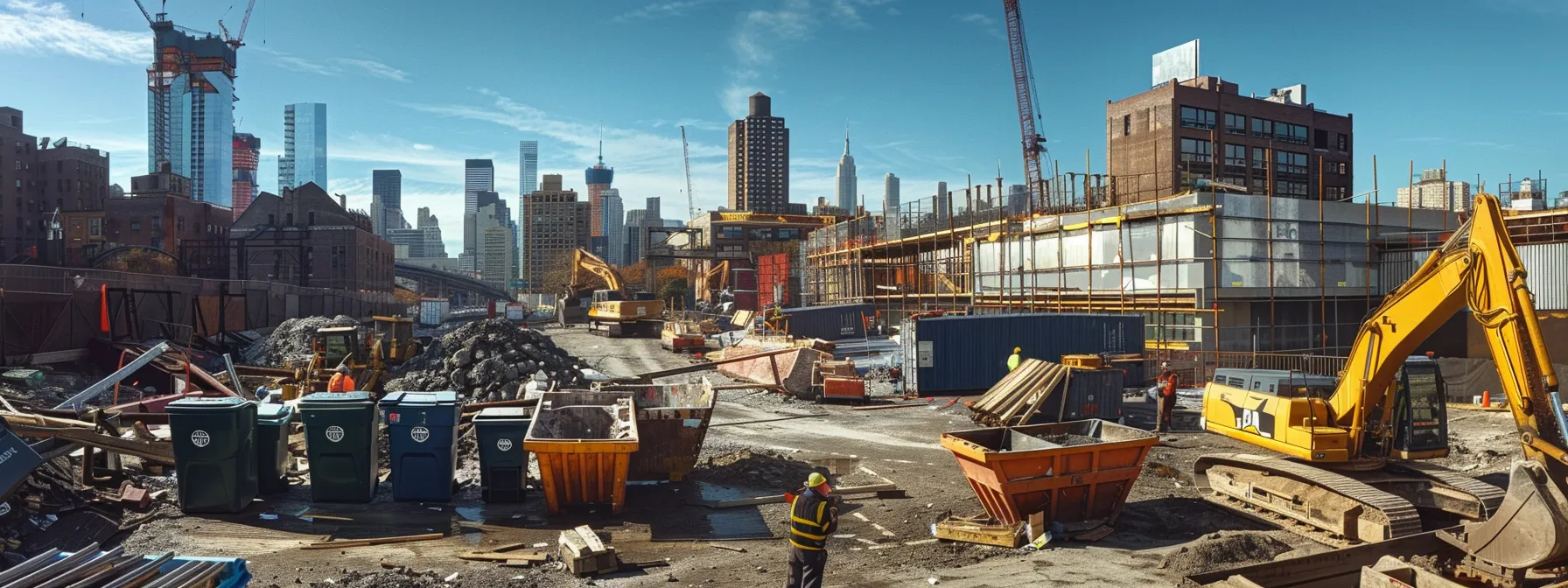 a bustling urban construction site in brooklyn showcases a variety of dumpsters in different sizes, surrounded by workers assessing debris and managing waste removal, under a clear blue sky and bright city architecture.