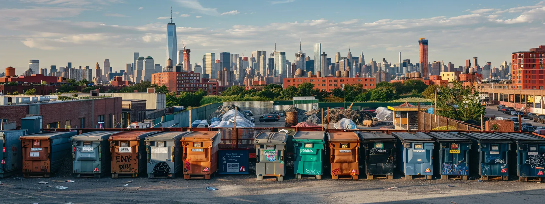 a clean and organized brooklyn construction site displays various sized dumpsters lined up, showcasing the diversity of options for waste management, with a prominent skyline in the background highlighting the urban setting.