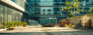 a modern office environment showcases a spacious 20-yard dumpster prominently placed outside, emphasizing its role in efficient waste management, with a backdrop of construction equipment and urban architecture highlighting the cost-effectiveness of rental solutions.
