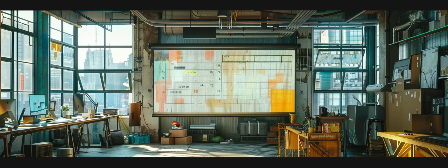a vibrant urban office space in brooklyn features a large digital screen displaying a detailed volume calculator for dumpster sizing, surrounded by workspace elements like a measuring tape and project plans, emphasizing the systematic approach to waste management.
