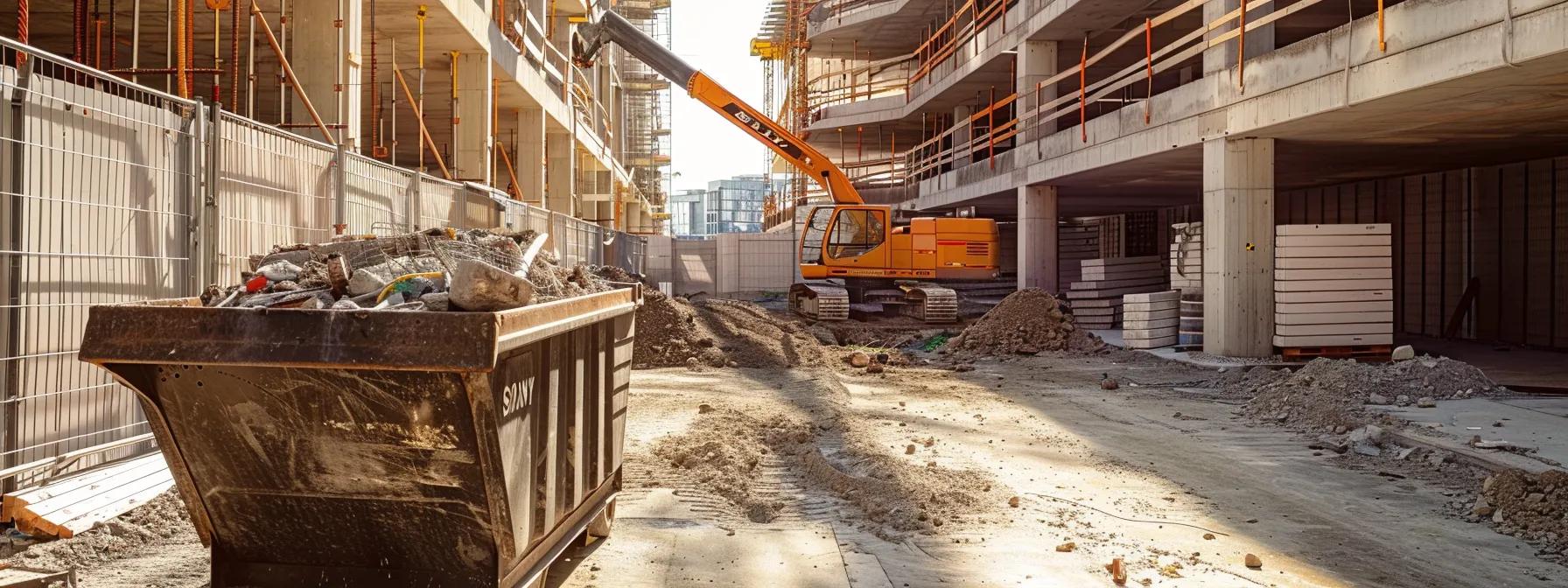 a modern construction site features a strategically placed large dumpster filled with construction debris, showcasing effective waste management practices under an overhead crane, emphasizing the importance of choosing the right dumpster for project efficiency and cost savings.