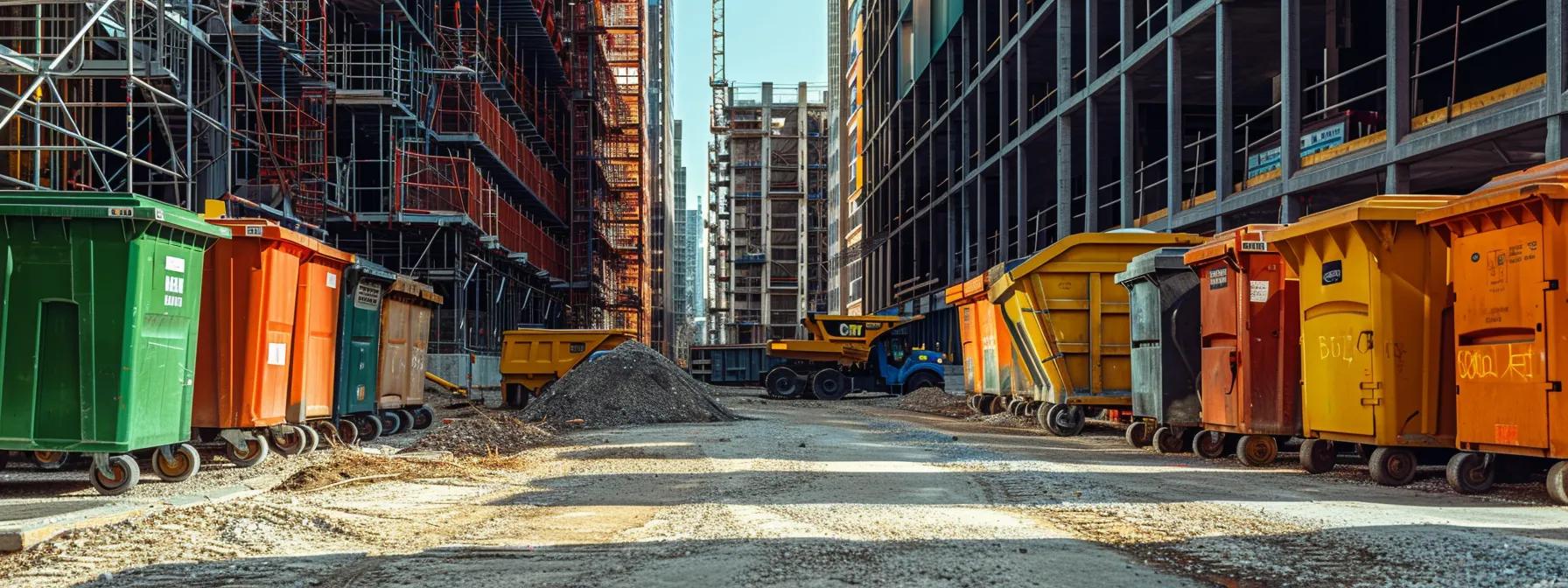 a sleek, modern construction site showcases a variety of large, vividly-colored dumpsters lined up along a gravel pathway, emphasizing their different sizes and capacities against a backdrop of steel framing and building materials in an urban setting.