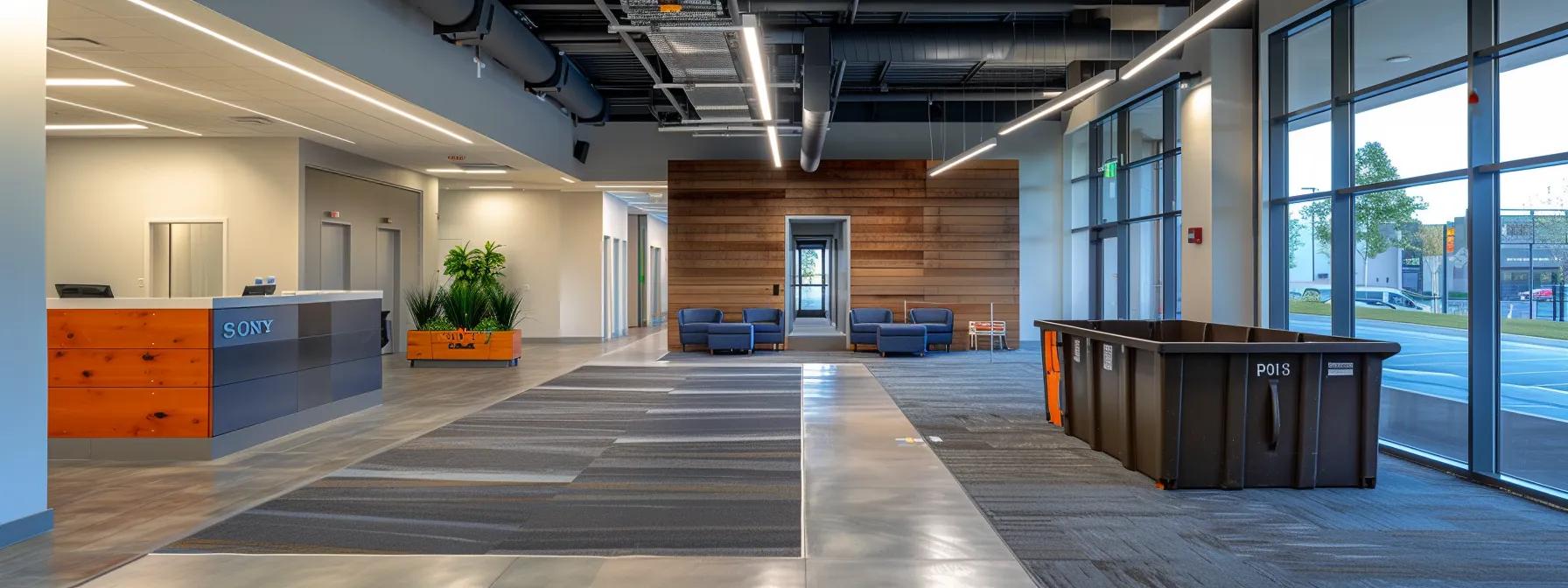 a sleek, modern office setting features a large, prominently placed dumpster with clear signage, showcasing the streamlined process of booking and efficiently managing a dumpster rental for a construction project.