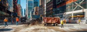 a vibrant urban setting shows a large, open dumpster prominently placed on a bustling construction site, with workers efficiently hauling debris into it, conveying the transformative power of large dumpster rentals for effective cleanup.