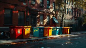 a vivid urban scene showcasing a variety of colorful dumpsters in a bustling brooklyn street, highlighting the different sizes available for residential and business needs against the backdrop of brick buildings and busy sidewalks.