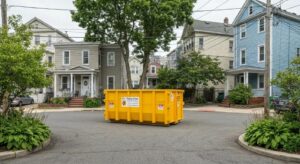 Flat rate dumpster rental service in Brooklyn with a clean dumpster in a residential setting