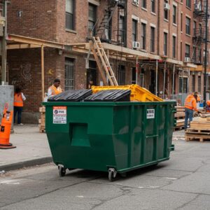 Commercial dumpster in a Brooklyn construction site, highlighting its importance for waste management