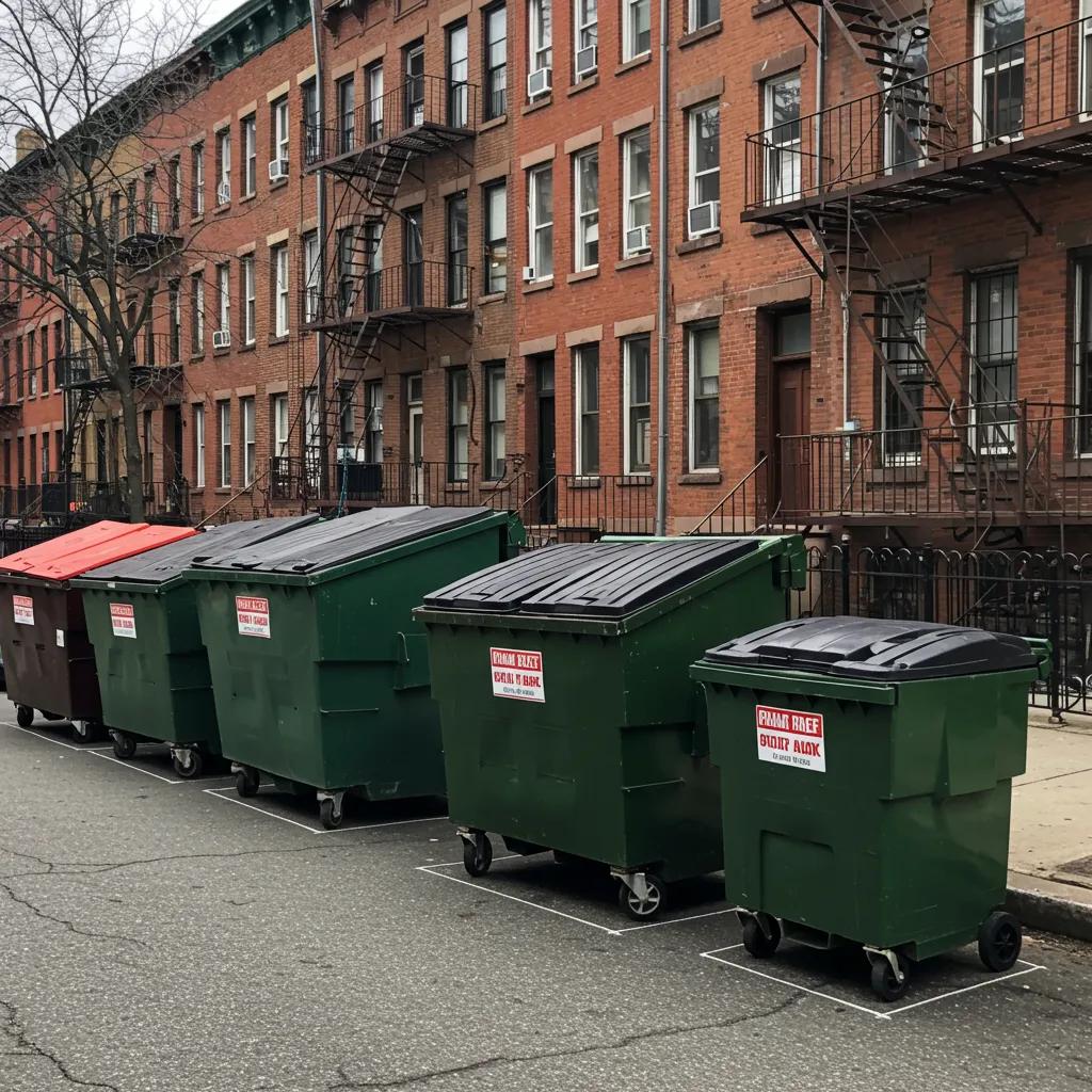 Different sizes of commercial dumpsters displayed in a Brooklyn street, illustrating selection options for businesses